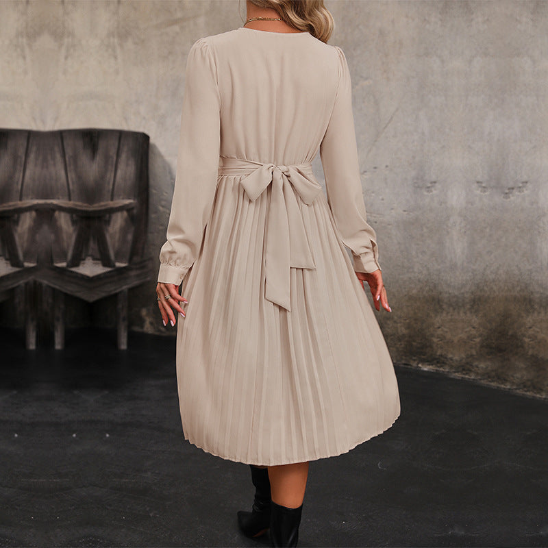 New Women's Solid Color Long-Sleeved Pleated Dress Autumn Women