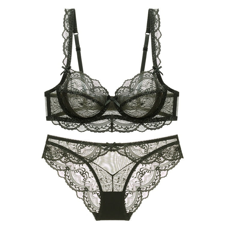 Sexy Underwear Women Ultra Thin Hollow No Sponge Transparent Lace Underwear Big Breasts Small Big Size Bra Set