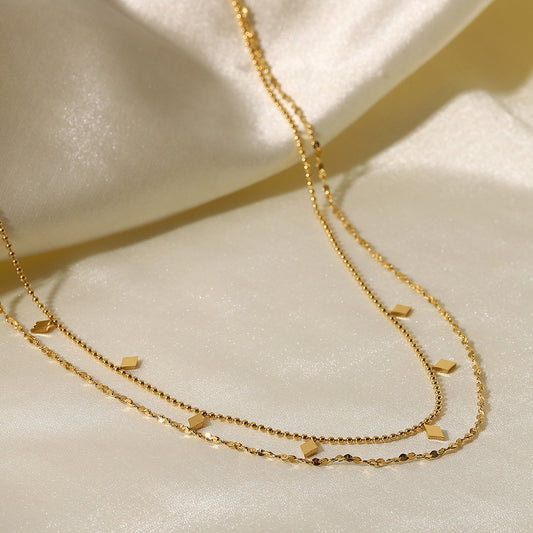5pcs Style Classic Simple Necklace Jewelry 18K Gold Plated Stainless Steel Double Tassel Sequin Beaded Necklace For Women