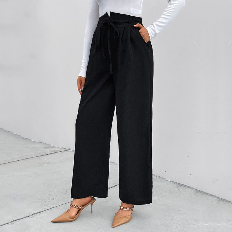 Casual High-Waist Wide-Leg Pants Straight Commuter Casual Pants Spring And Autumn New Loose Lace-Up Pants