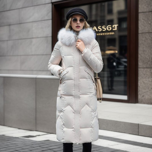 Cotton-Padded Women's Mid-Length Winter New Fashion Slim-Fit Over The Knee Jacket Large Fur Collar Thick Tide Women's Wear