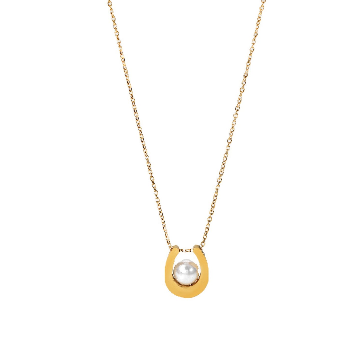 5pcs New 18K Gold Plated Chain Ring Pearl Pendant Necklace Stainless Steel U-Shaped Pearl Round Pearl Necklace For Women