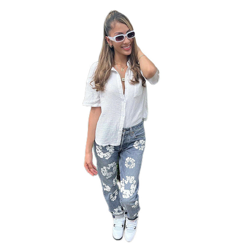 Spring Women's New Street Fashion With Daisy Print High-Waisted Straight-Leg Slim Jeans