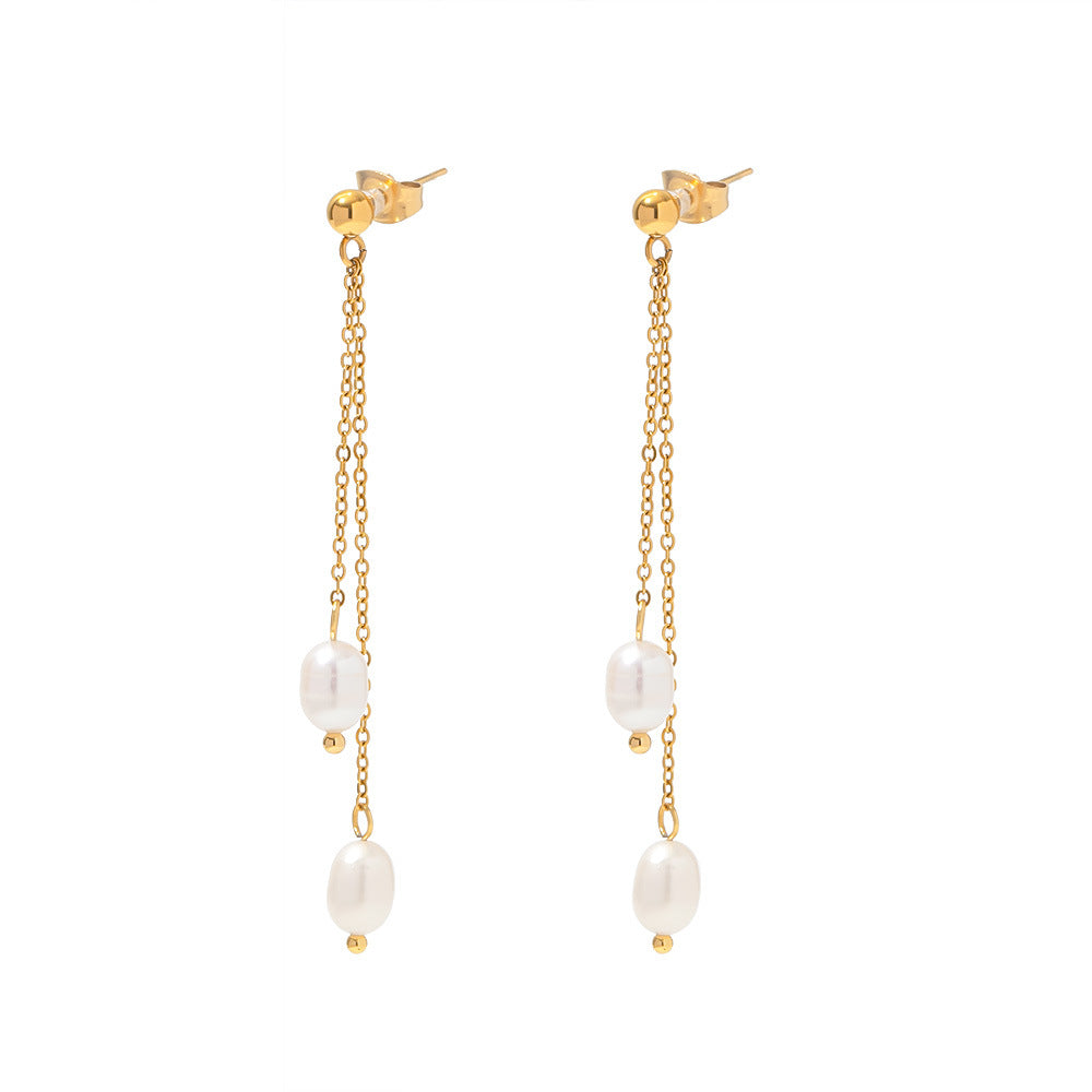 5pcs Women's Fashion All-In-One Simple Titanium Steel Earrings 18K Gold Natural Beaded Tassel Stud Earrings