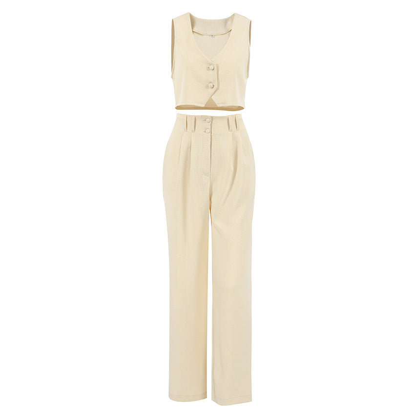 New Waistcoat Set High Waist Straight Pants Temperament Casual Simple Commuting Summer Women