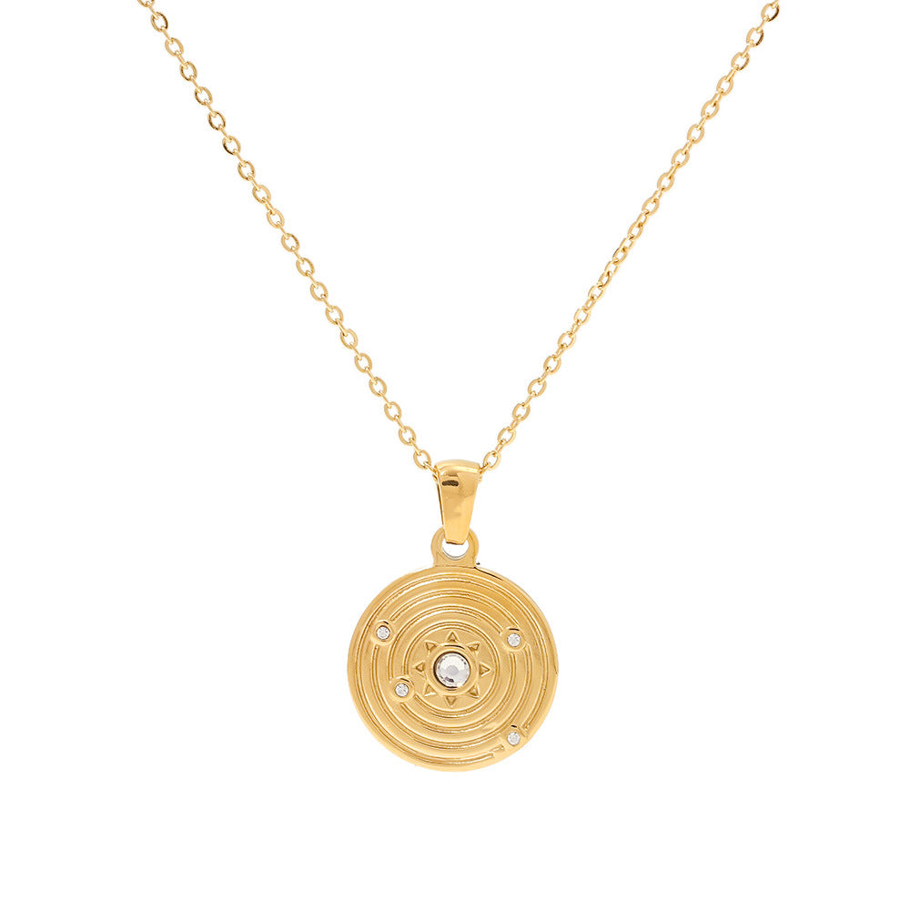 5pcs 18K Gold-Plated Stainless Steel Geometric Circular Zircon Pendant Necklace Titanium Steel Concentric Circle Pendant Necklace