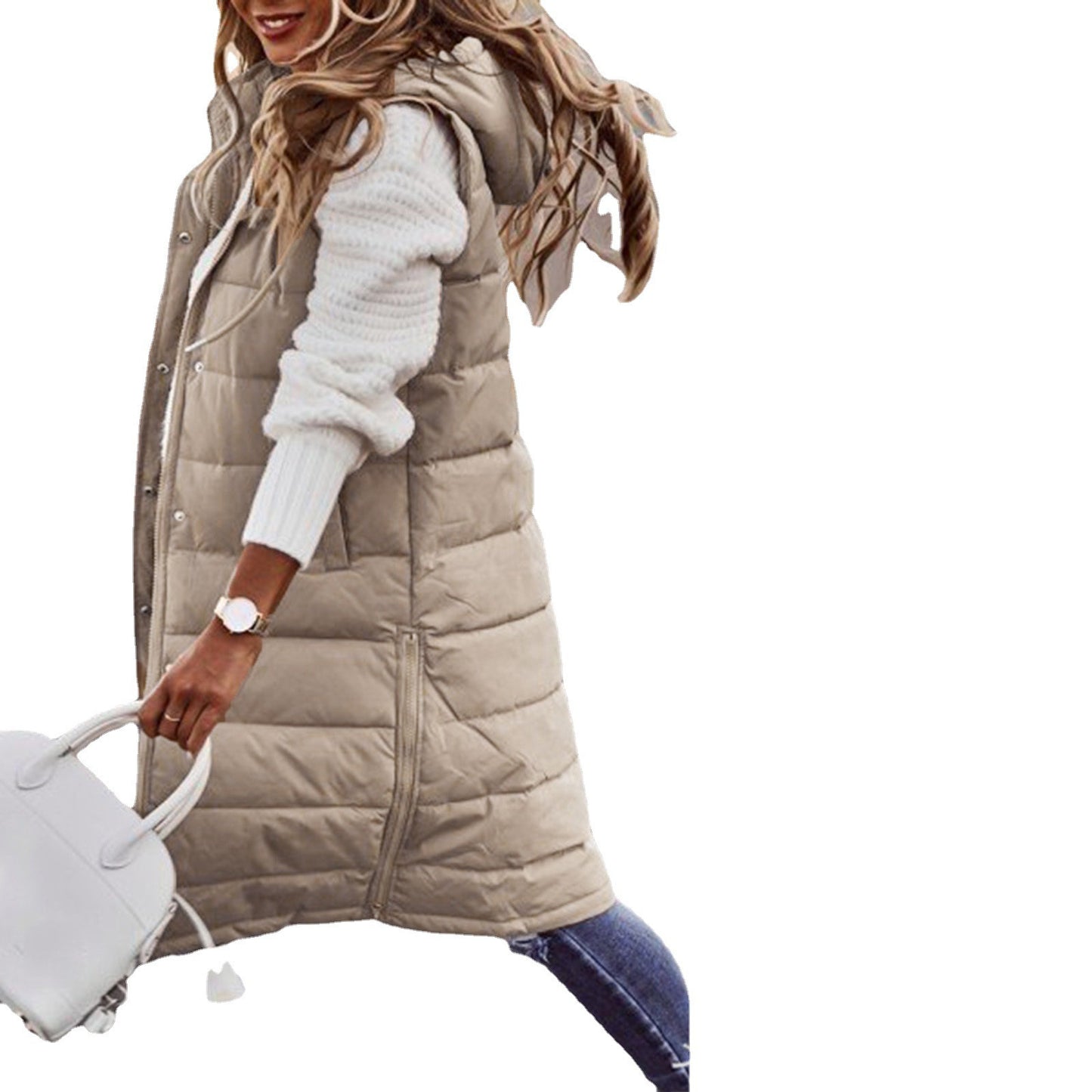 Solid Color Hooded Single Breasted Medium Long Cotton-Padded Vest Slim Temperament Cardigan Coat Top