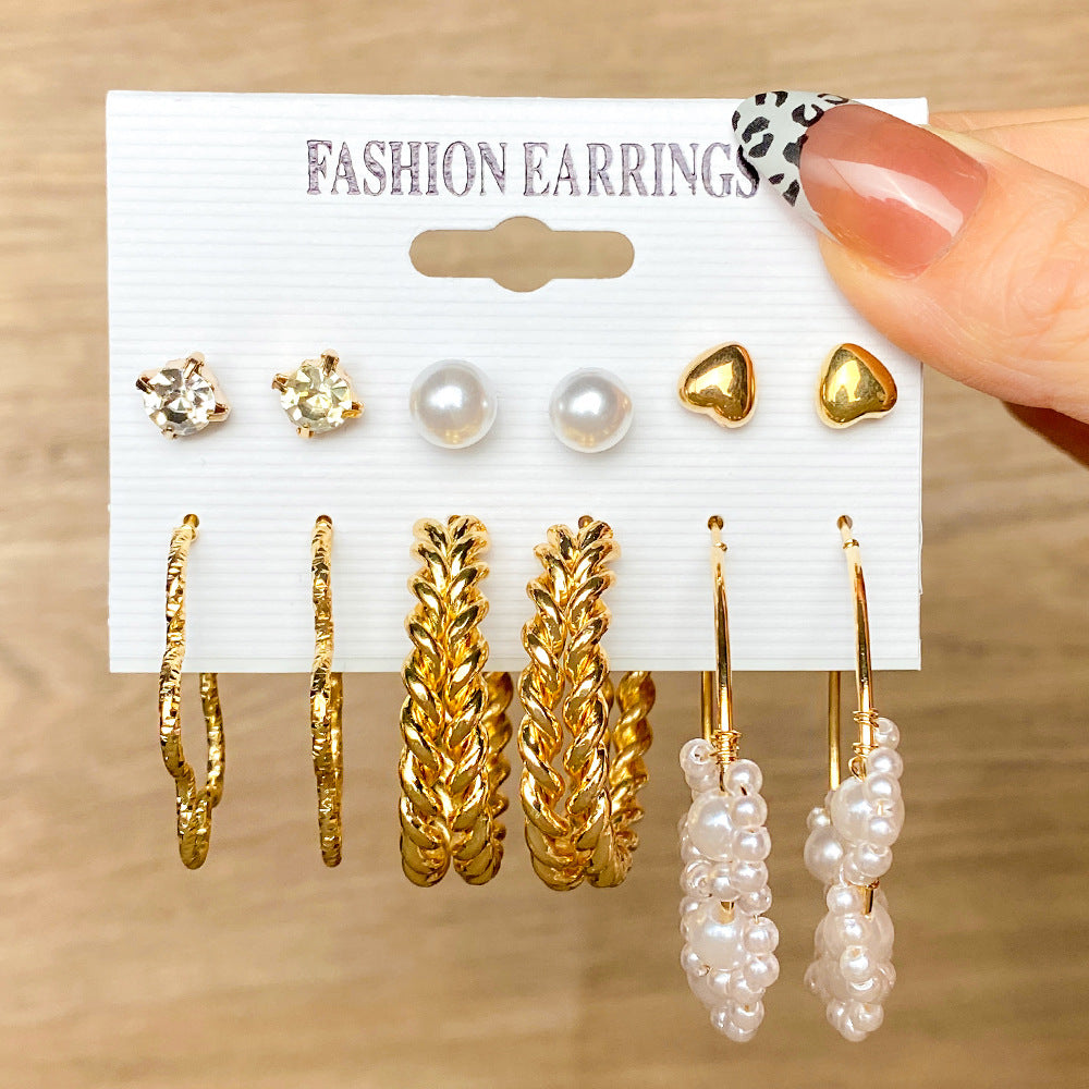 5 Sets New Pearl Earrings Set for Women Retro Metal Geometric C-Shaped 5 pairs Earrings