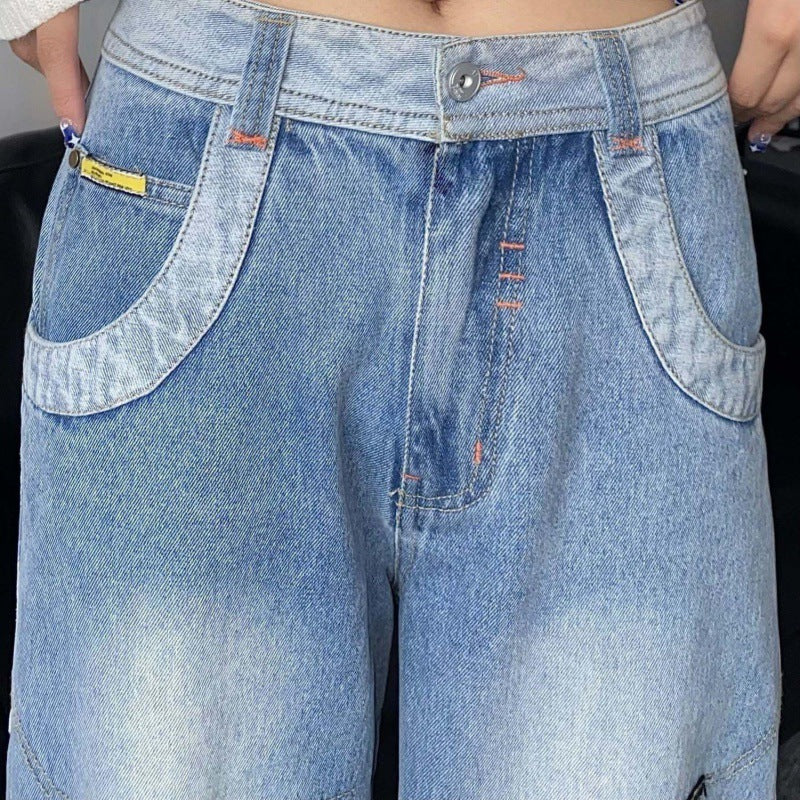 Vintage Pocket Wash Denim Couple Loose Matching Jeans