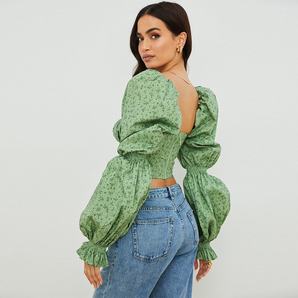 Fashion Women's Square Collar Floral Long Sleeve Hollow Low-Cut Crop Zipper Trumpet Sleeve Top
