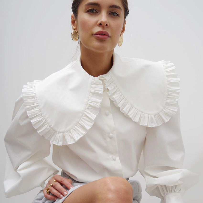 Temperament Court Style Doll Collar White Cotton Shirt Female Autumn And Winter Long Sleeve Shirt With Auric Edge