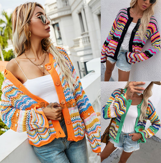Rainbow Striped Sweater Cardigan for Women