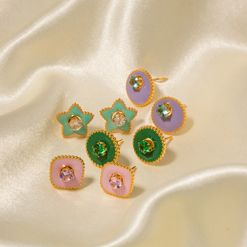 5pcs Personality Earrings New Fashion Titanium Steel 18K Gold Green Five-Pointed Star White Zircon Earrings For Women Jewelry