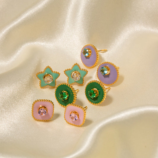 5pcs Personality Earrings New Fashion Titanium Steel 18K Gold Green Five-Pointed Star White Zircon Earrings For Women Jewelry