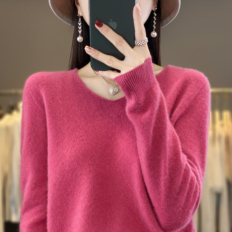 100 Pure Wool Knitwear Women's V-Neck Pullover Loose Base Shirt Autumn And Winter New Solid Color Sweater