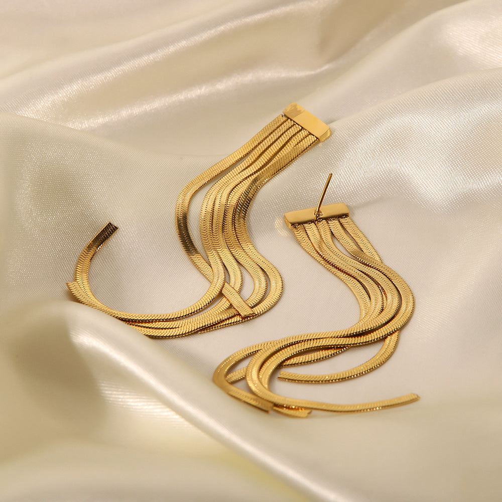 5pcs Style Exaggerated Long Tassel Earrings Feminine Metallic Sense Does Not Fade All-Match Titanium Steel Drop Earrings