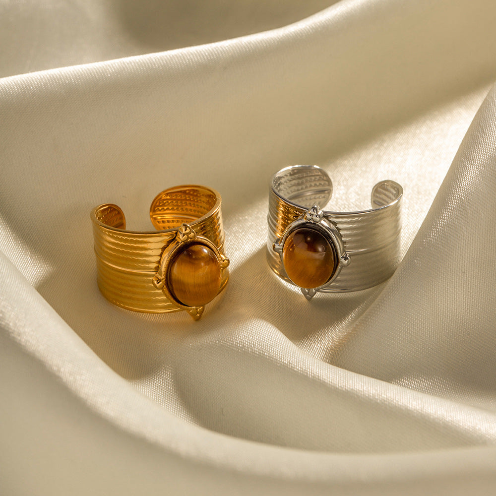 5pcs New 18-Karat Gold Natural Stone Tiger Bead Wide Opening Ring Stainless Steel Vintage High Quality Jewelry Ring For Women