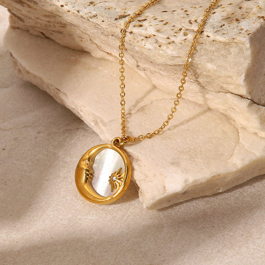 5pcs 18K Gold Titanium Steel Collar Female Natural White Friary Star Moon Round Pendant Stainless Steel Necklace