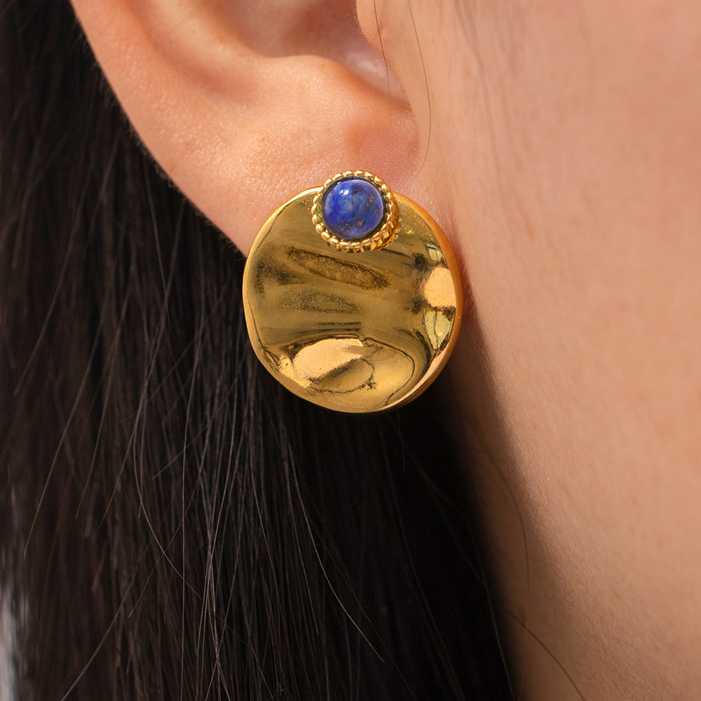 5pcs New 18K Gold Plated Round Set Lapis Stud Earrings High Fashion Accessorize Earrings