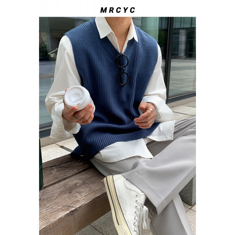 Solid Color V-Neck Vest Sweater For Men Spring And Autumn New Loose Knit Vest Version Of Casual Vest