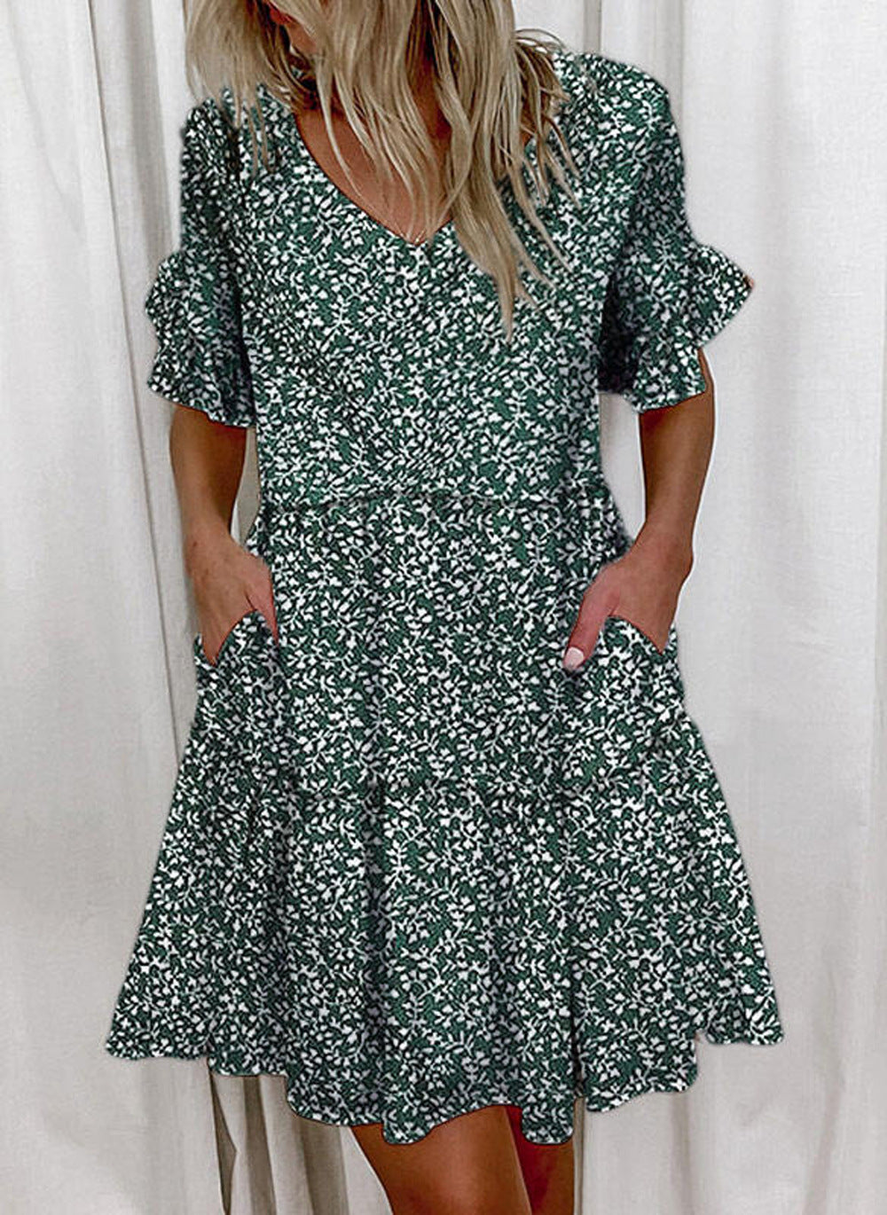 Women's Dress New Skirt Fashion Print Ruffled Pocket Short Female Dress A Hair