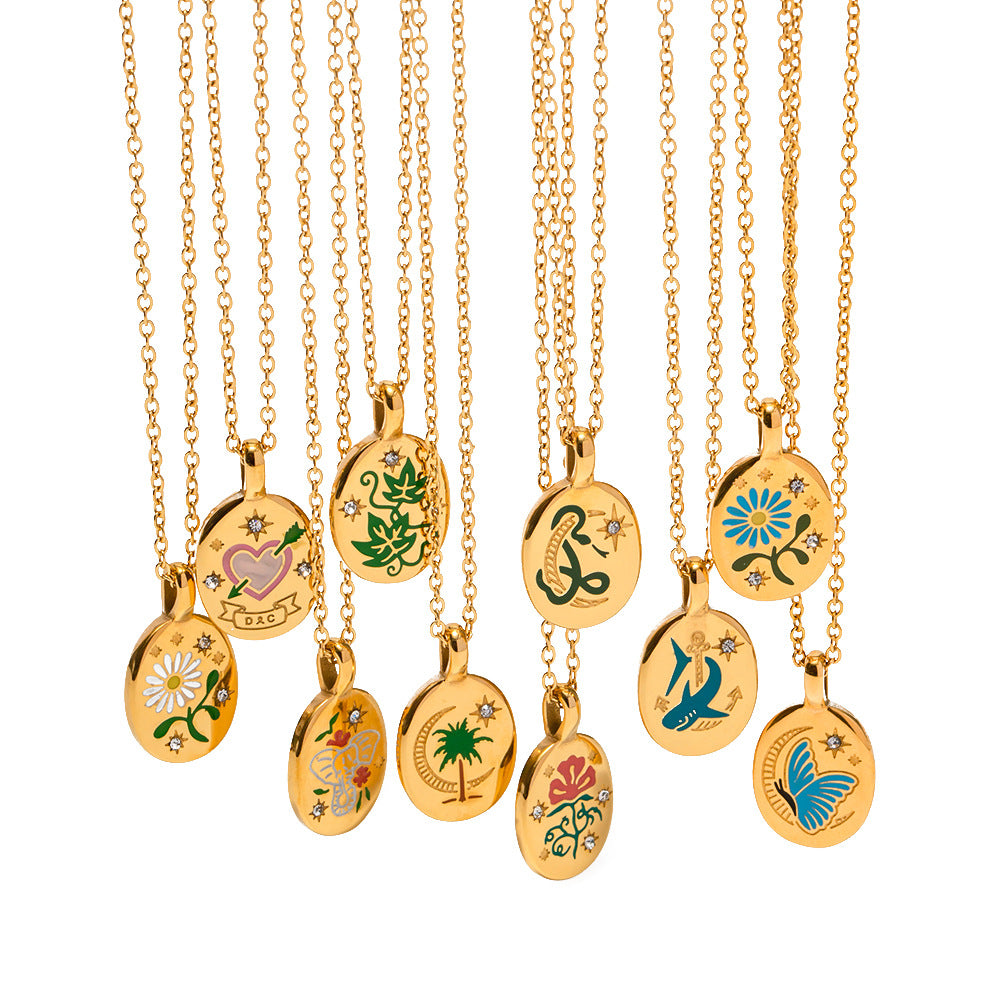 5pcs Style Enamel 18K Gold Plated Stainless Steel Pendant Necklace Does Not Fade Jewelry