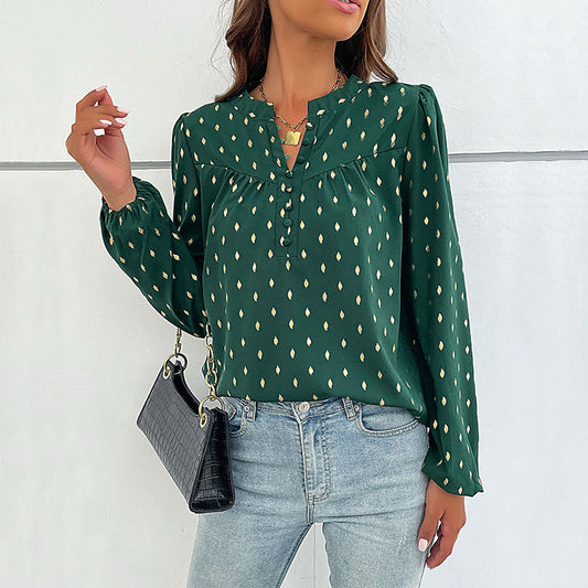 New Autumn And Winter New Women's Long Sleeve V Open Collar Hot Gold Shirt