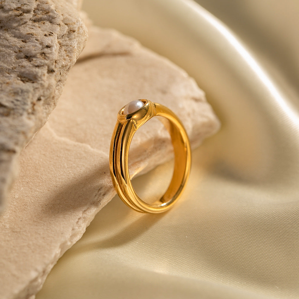 5pcs Double 18K Gold Stainless Steel Set Pearl Ring Not Fade All Match Stainless Steel Ring