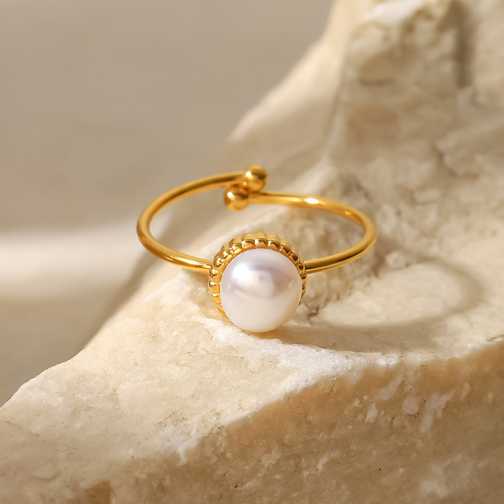 5pcs Stylish Matching Ring 18K Gold Stainless Steel Adjustable Light Pearl Bread Bead Fine Ring