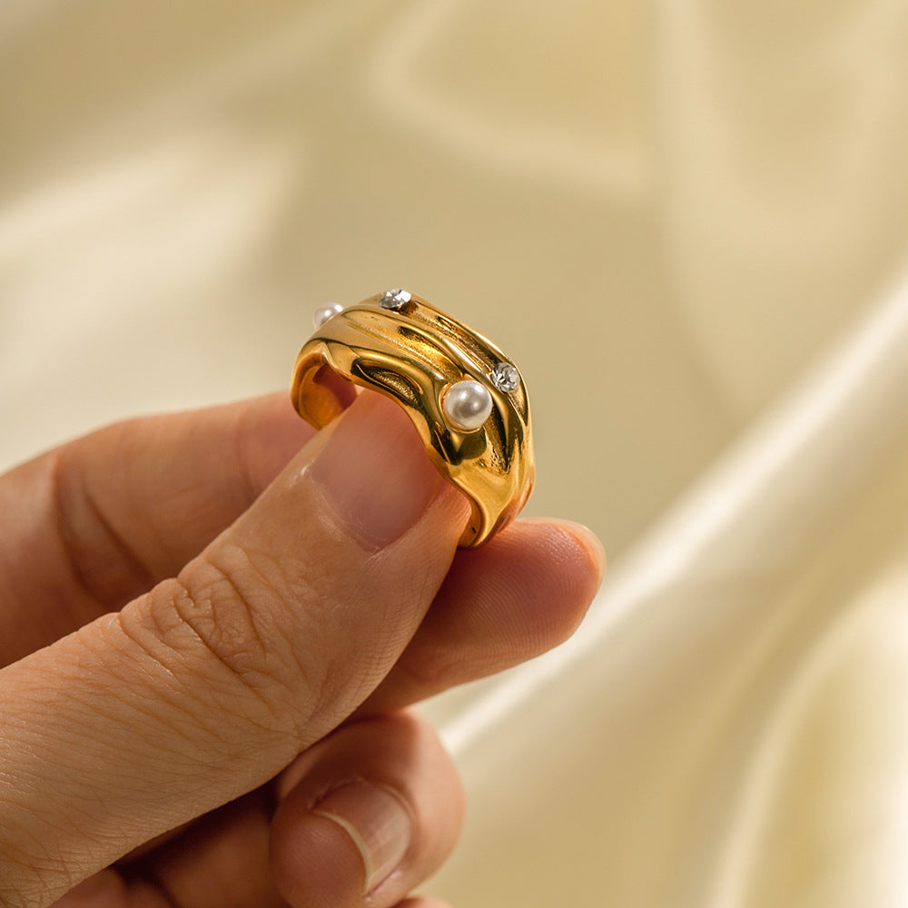5pcs 18K Gold Plated C-Shaped Inlaid Pearl Open Ring Non-Faded All-Match Stainless Steel Ring