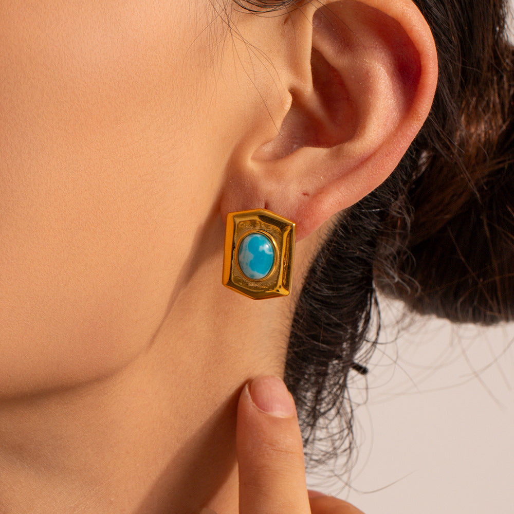 5pcs New Titanium Steel Earrings 18K Gold Stainless Steel Sea Stone Rectangular Earrings With Broad Face Set With Sea Pine Earrings