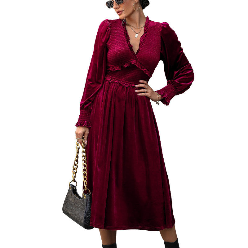 Wine Red Velvet Dress Elegant Maxi Skirt Wooden Ear Edge Play Wrap Design Skirt