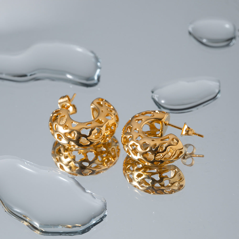 5pcs 18K Gold Stainless Steel Hollow Small C-Shaped Earrings With Jewelry
