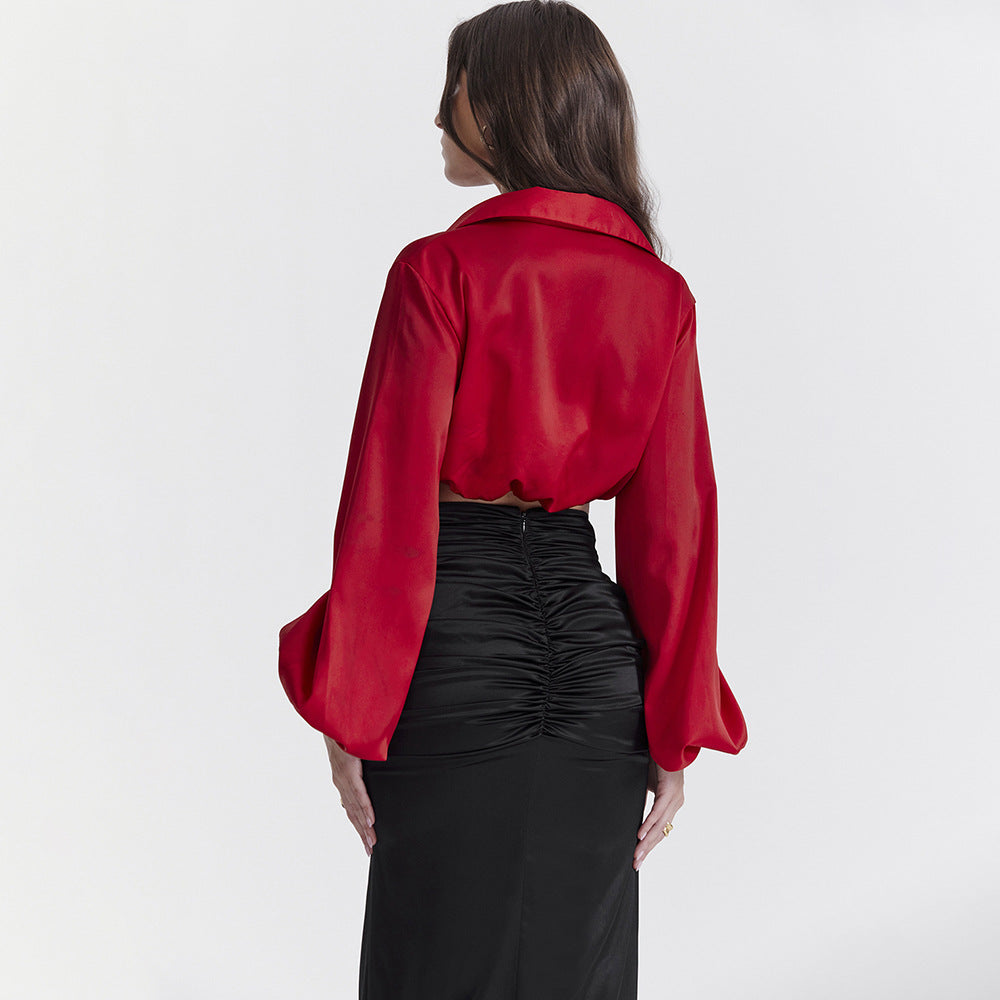 Fashion Women's Sexy Short Crop Shirt Female Lantern Long-Sleeved Loose Spice Girl Top Cardigan Female