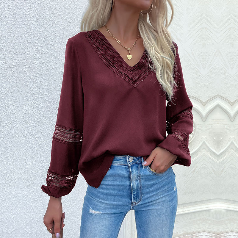 Spring And Autumn  Long-Sleeve Lace Stitching Shirt Set Head V-Neck Hollow Shirt Women's Wear