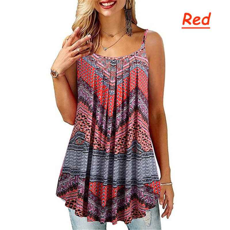 Large Size Women's Digital Print Fold Big Swing Loose Halter Shirt