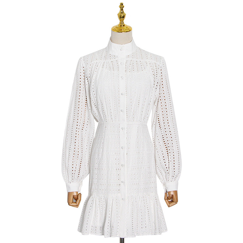 Elegant Temperament A-Line Skirt High Neck Long Sleeve Patchwork Embroidery Hollow-Out Single Breasted Dress Woman