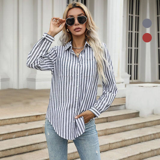 Autumn New Button Cardigan Striped Shirt Lapel Shirt Long Sleeve Commuter Shirt Woman