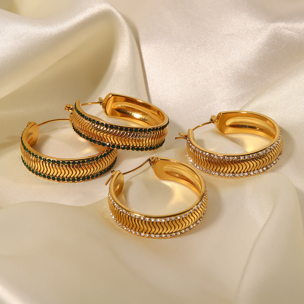5pcs Temperament Light Luxury Niche Earrings 18K Gold Plated C-Shaped Corrugated White Zircon Double Inset Geometric Earrings
