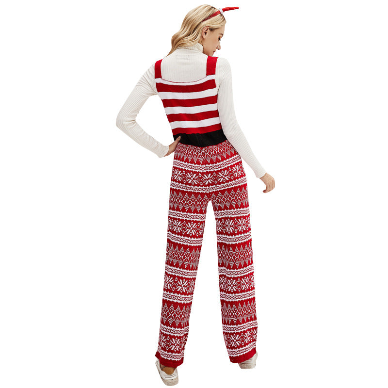 Autumn Winter Christmas Knitted Suspenders Loose Christmas Snowflake Knitted Jumpsuit