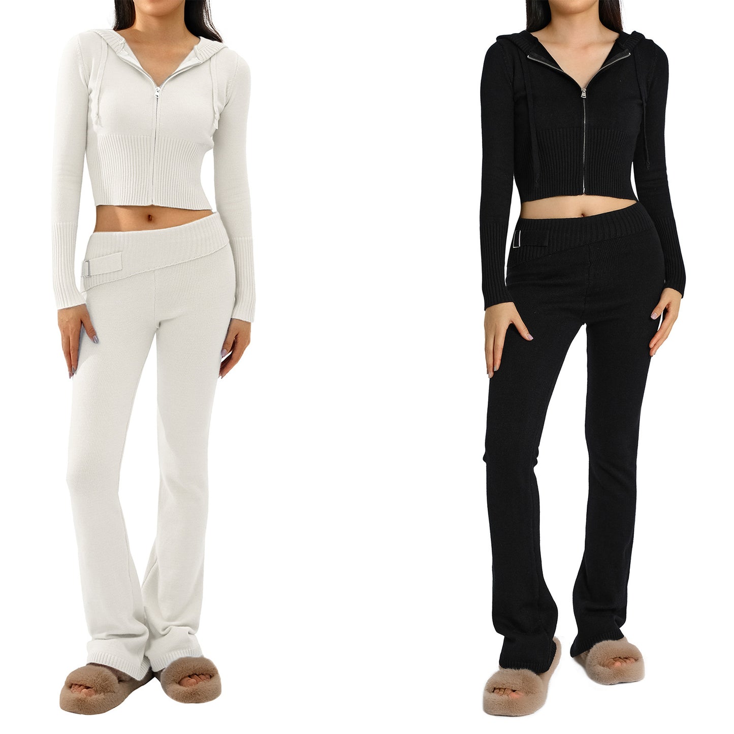 New Knitted Hooded Women's Fashion Sexy High-Waisted Long-Sleeved Trousers Two-Piece Set