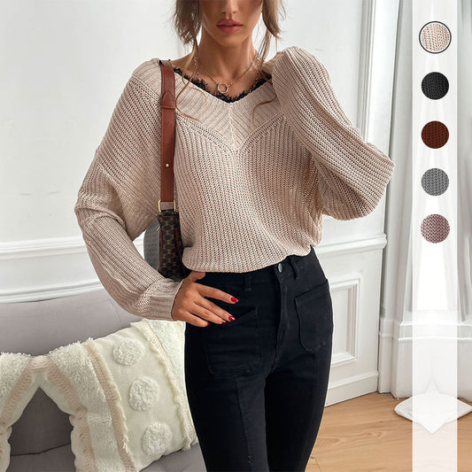 Autumn New  Women's Stitching Lace Pullover Solid Color Knit Sweater Women