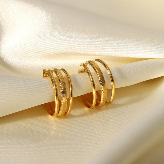 5pcs 18K Gold-Plated Stainless Steel Ring Earrings Titanium Steel Three-Layer Line Geometric C-Shaped Earrings