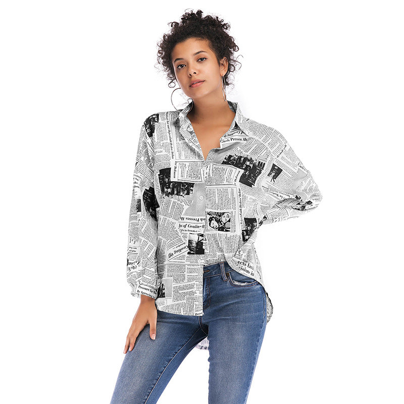 Hot Long-Sleeved Newspaper Letter Printed Shirt Women's Design Sense Niche Women's Wear