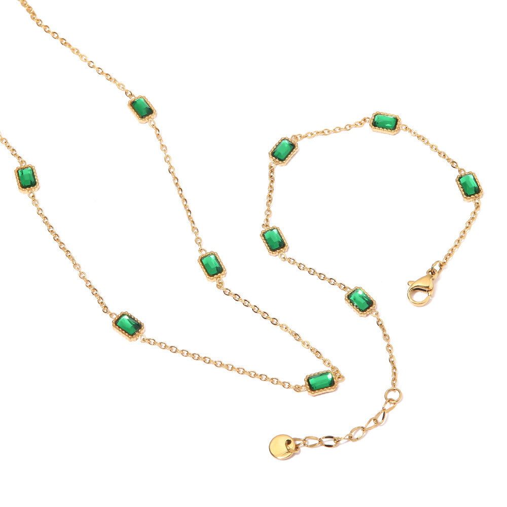 5pcs Style Square Emerald Zircon Necklace Light Luxury Niche High-Grade Titanium Steel Collar Bone Chain Necklace Bracelet