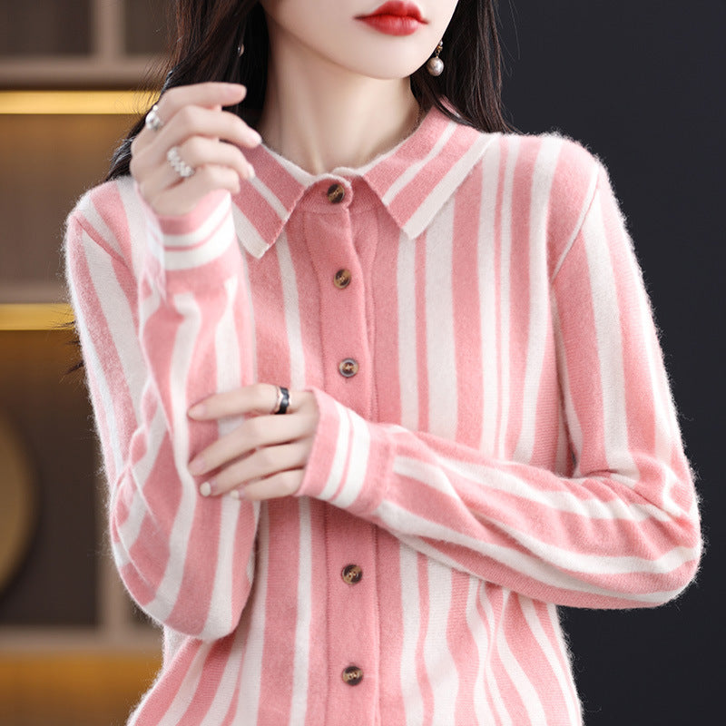 Spring And Autumn New Polo Collar Vertical Stripes Pure Wool Shirt Female Korean Version Patchwork All Matching Thin Wool Knitted Cardigan