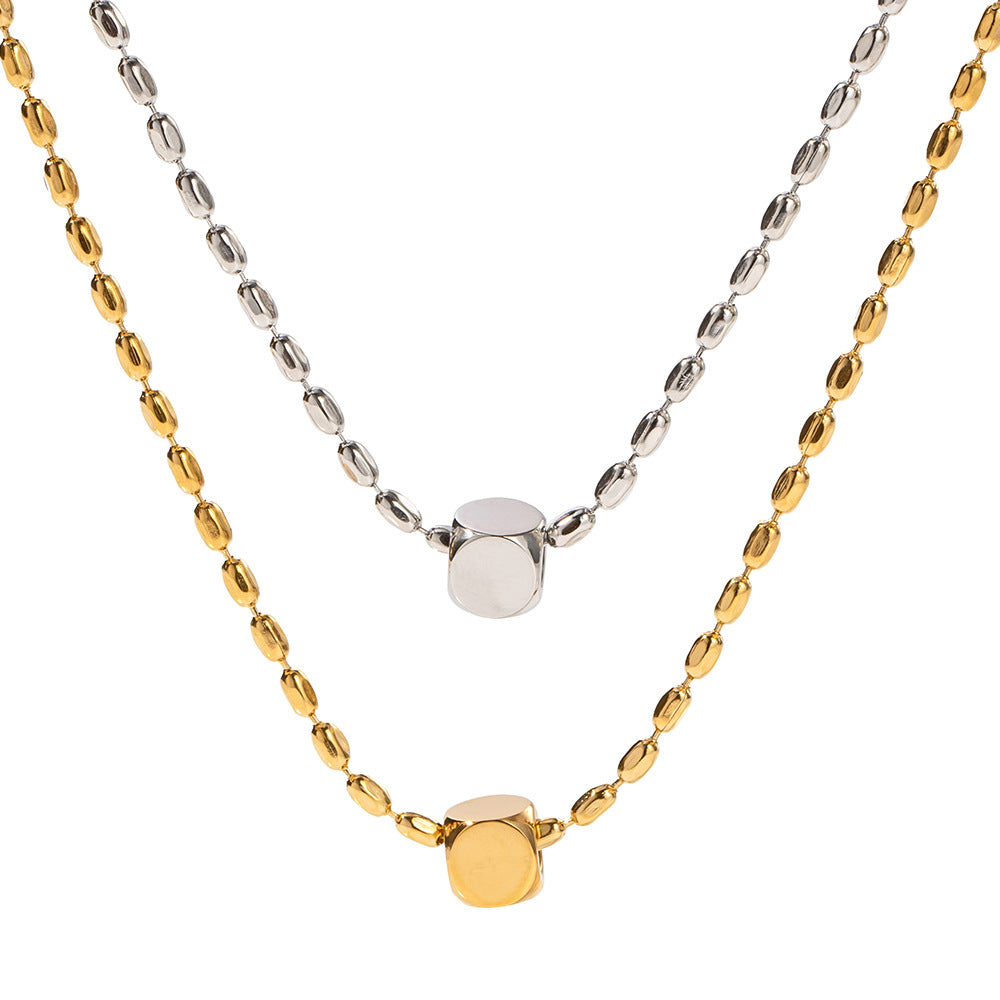 5pcs Very Simple Bead Chain Square Titanium Steel Necklace 18K Gold Stainless Steel Design Sense Square Pendant Necklace