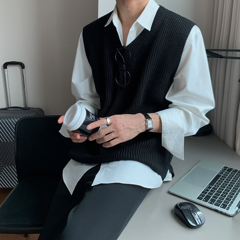 Solid Color V-Neck Vest Sweater For Men Spring And Autumn New Loose Knit Vest Version Of Casual Vest
