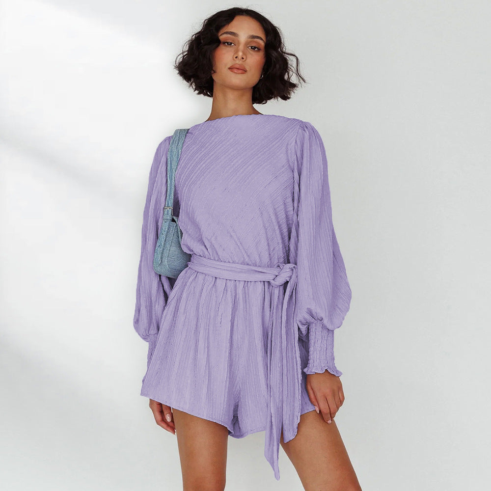 Women's Lace-Up Romper Autumn Lantern Sleeve Sexy Halter Long Sleeve Top Casual Wide Leg Pants