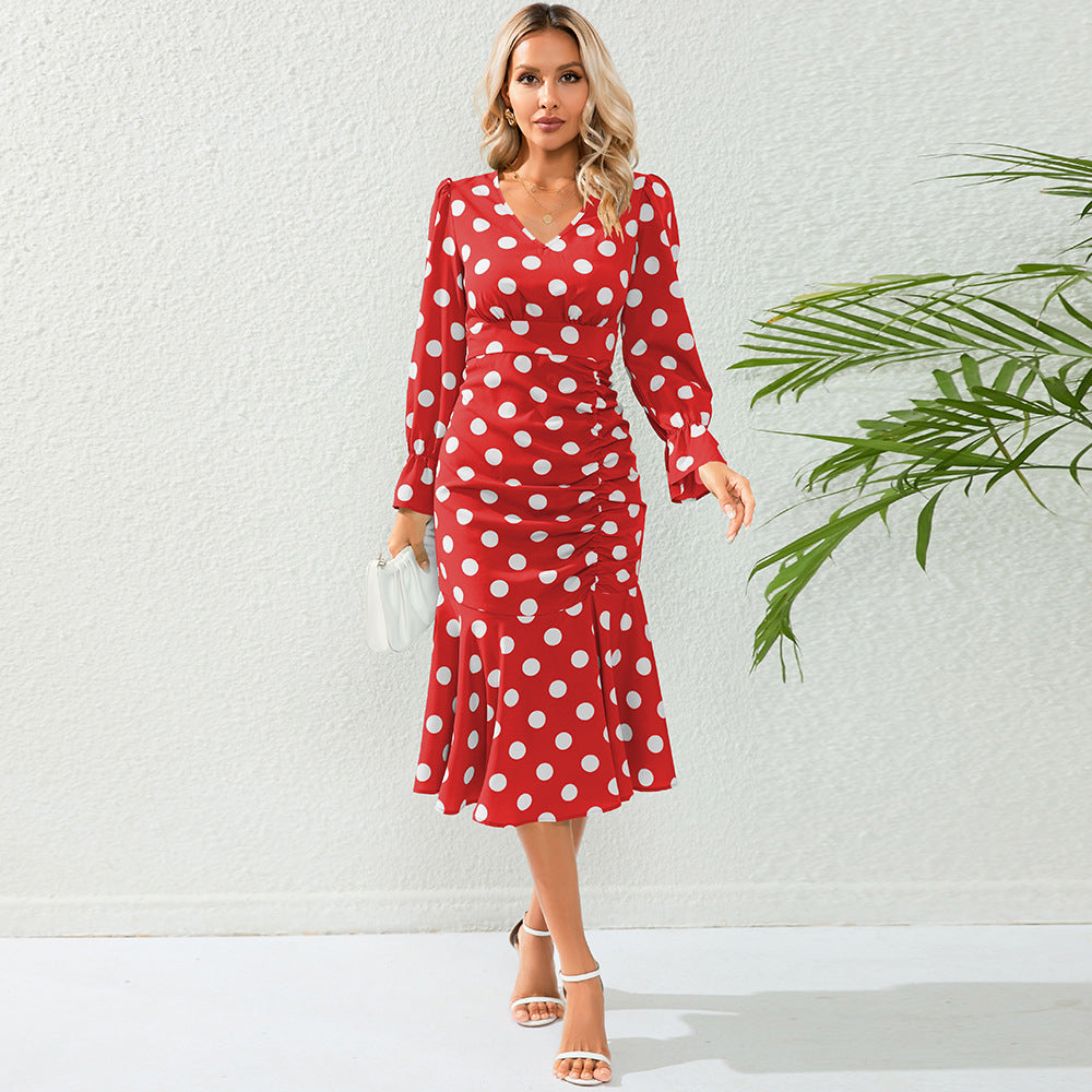 Sexy Polka Dot V-Neck Long-Sleeved Dress Pleated Fishtail Skirt Slim Temperament Long Skirt Women Plus Size